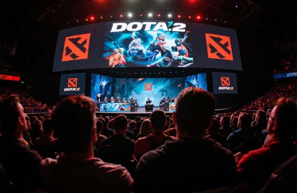 一场DOTA 2比赛现场，观众聚精会神看大屏幕，氛围热烈但无商标