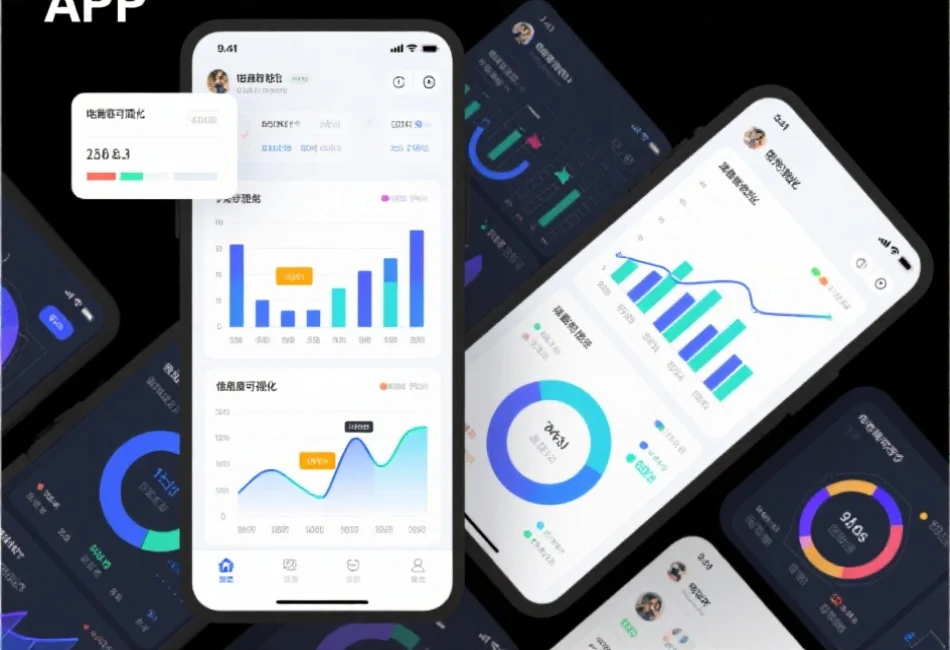 APP界面展示多种电竞数据图表,如柱状图、折线图,画面整洁现代,突出信息可视化