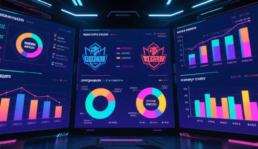 一组多彩的数据可视化图表展示在数字屏幕上,图表内容包含电竞战队对比、胜率统计,背景为现代科技感